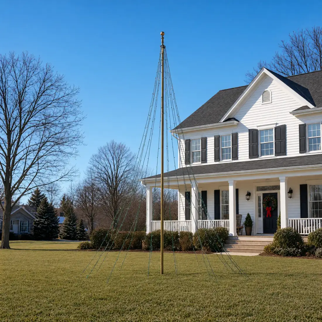 The same flagpole tree by day with the lights off: thin strands run from the top of the pole down to the lawn