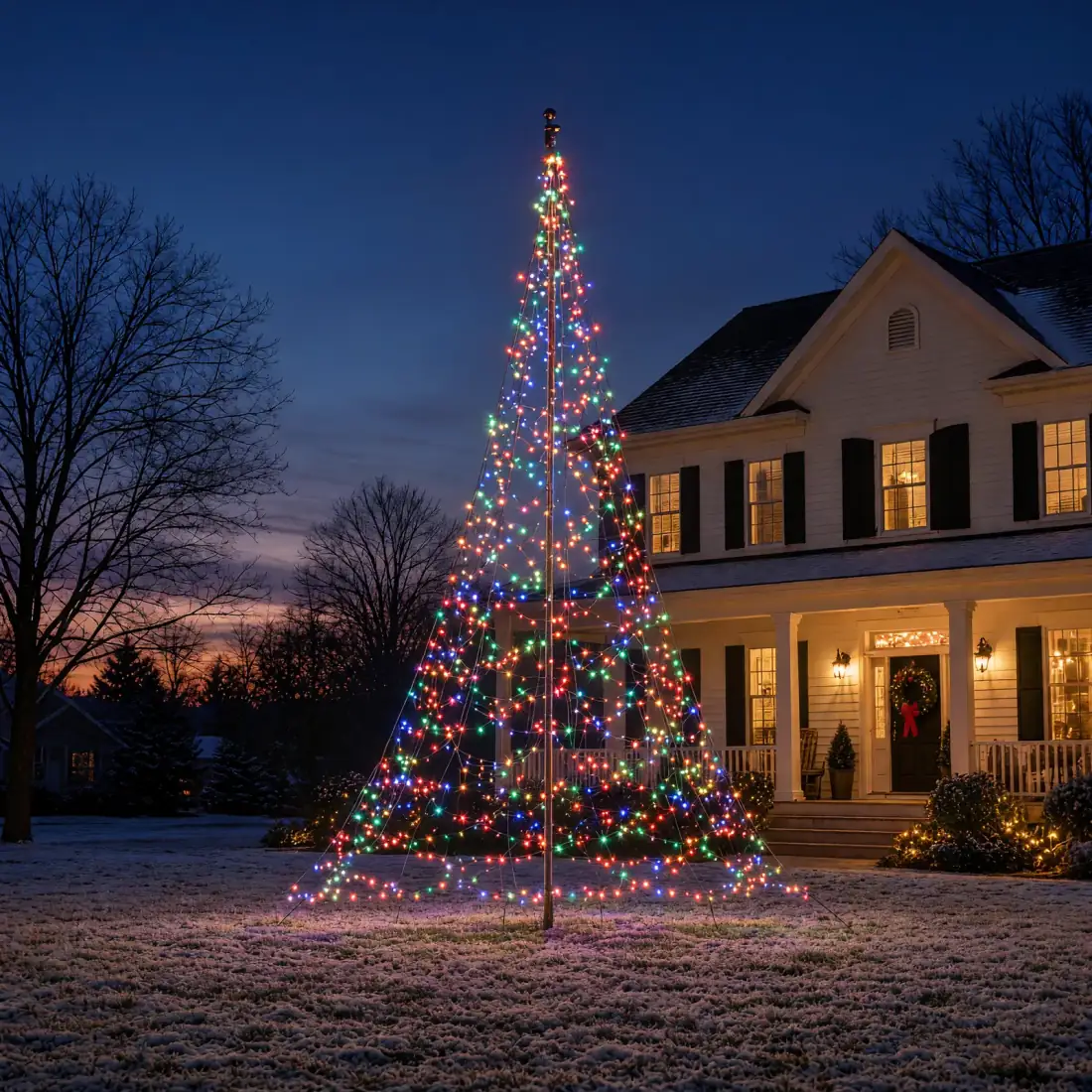 The same flagpole Christmas tree and house at dusk, lit in multicolor LEDs