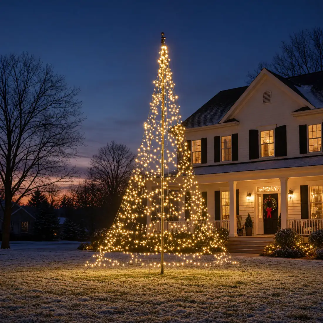 A flagpole Christmas tree lit in warm white LEDs at dusk, in front of a white two-story house